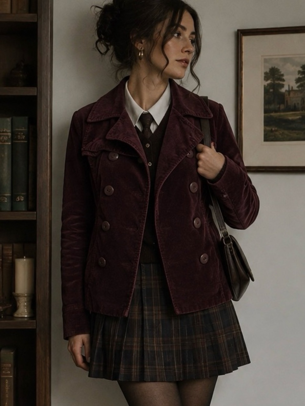 Calvin Klein Jeans Burgundy Velvet Double Breasted Pea Coat M